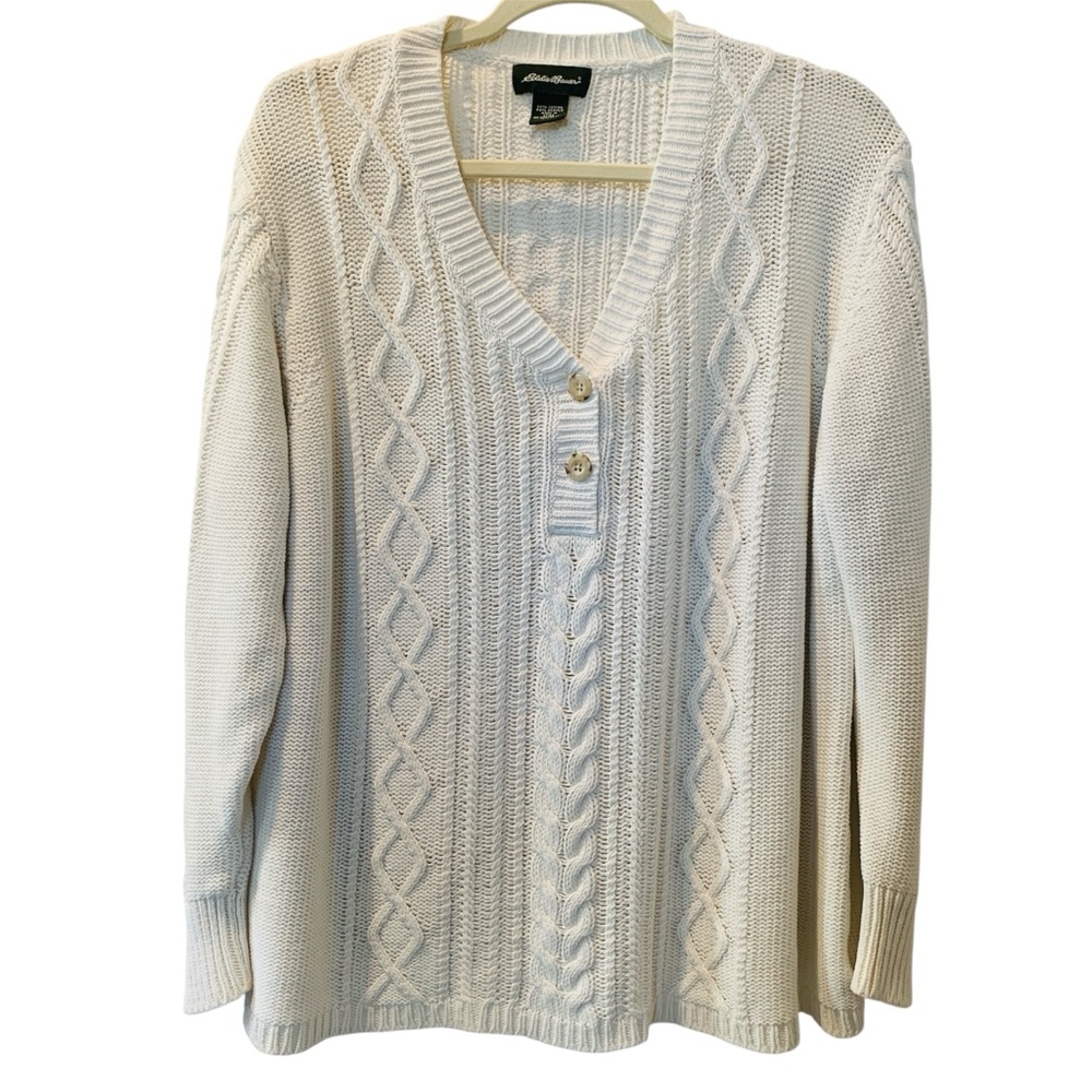EDDIE BAUER Women’s Cream V-neck Cable-knit Henley Sweater XXL